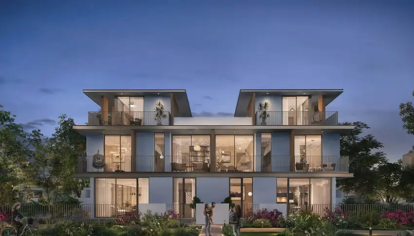 Townhouse façade at dusk: 3 & 4-bedroom townhouses