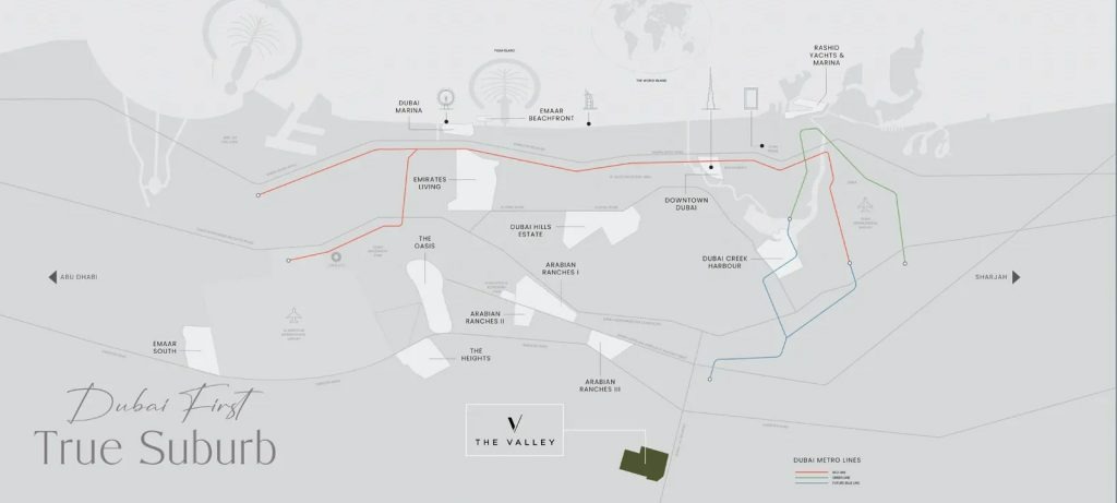 Map of Dubai showing The Valley on the Dubai–Al Ain Road, south-east of Downtown Dubai, with the Dubai Metro lines