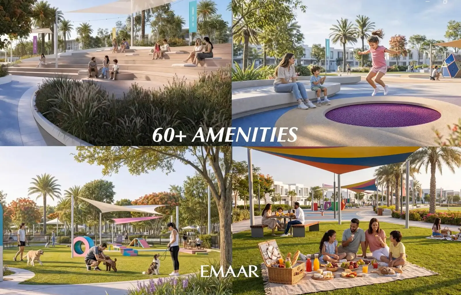 Collage of The Valley amenities: amphitheatre seating, trampolines, dog park and picnic lawns