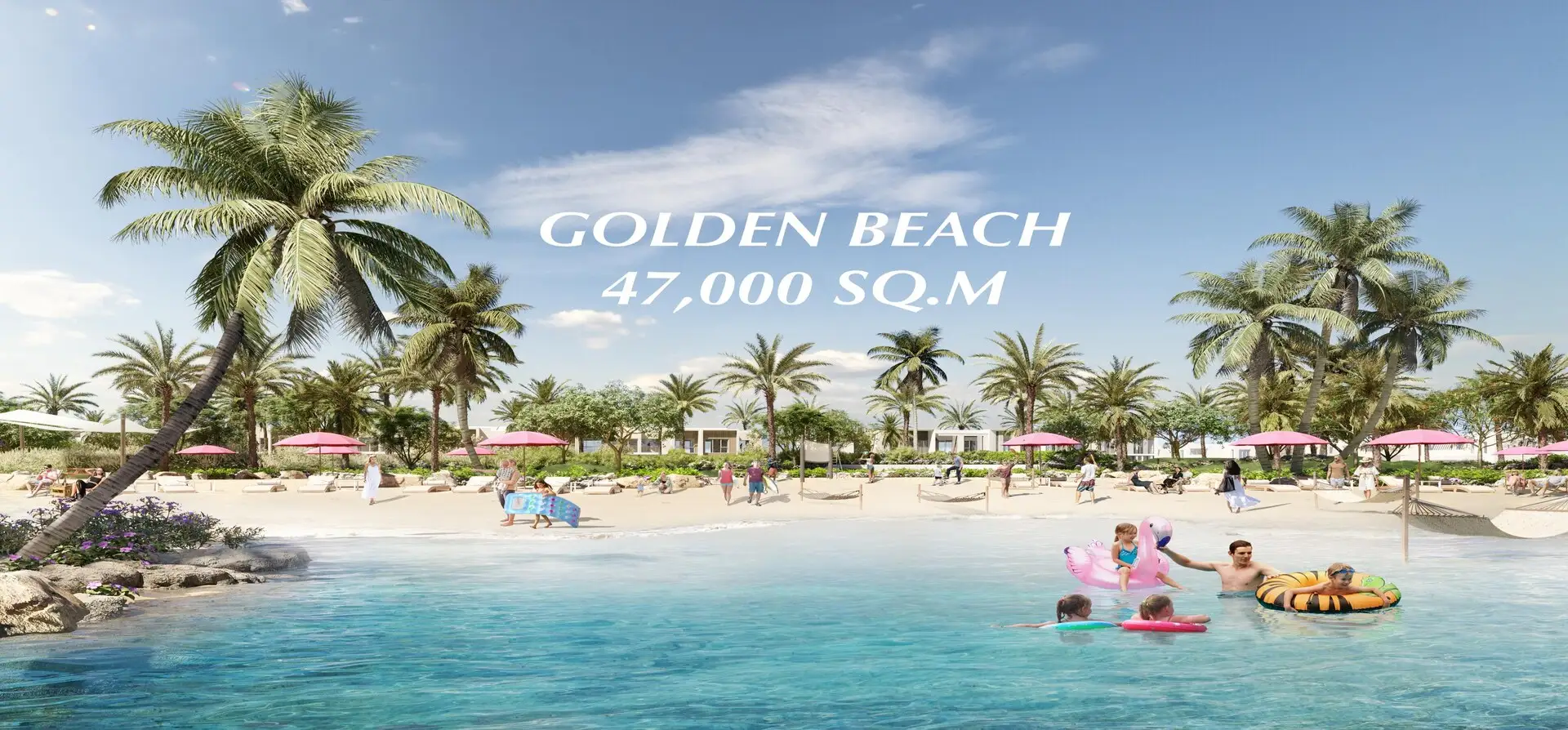 Golden Beach: a swimmable community beach with palms and umbrellas